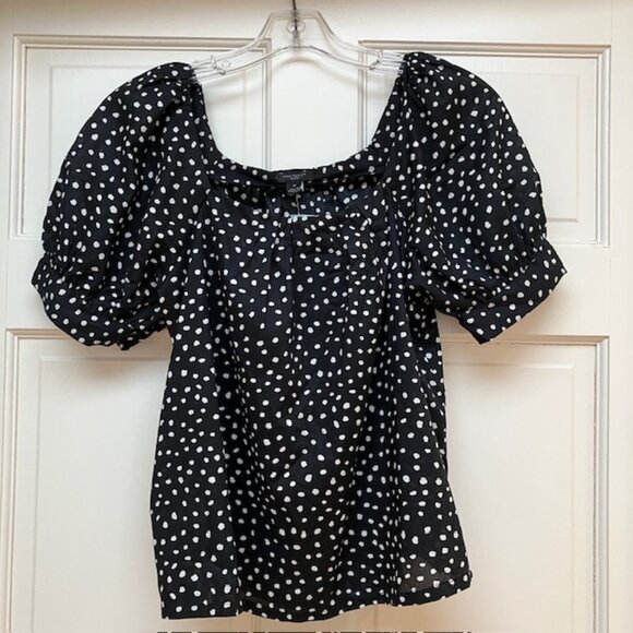 NWT Ann Taylor Black with white dots puff sleeve blouse SP - Picture 1 of 6